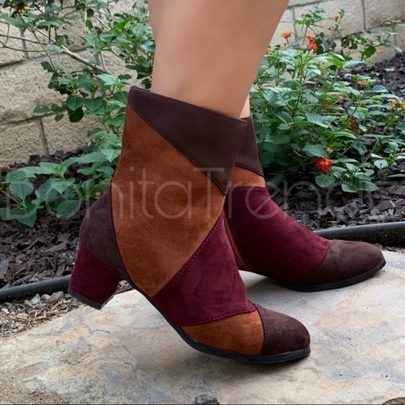 Vegan Suede Color Block Mismatch Ankle Boots - Picture 1 of 5